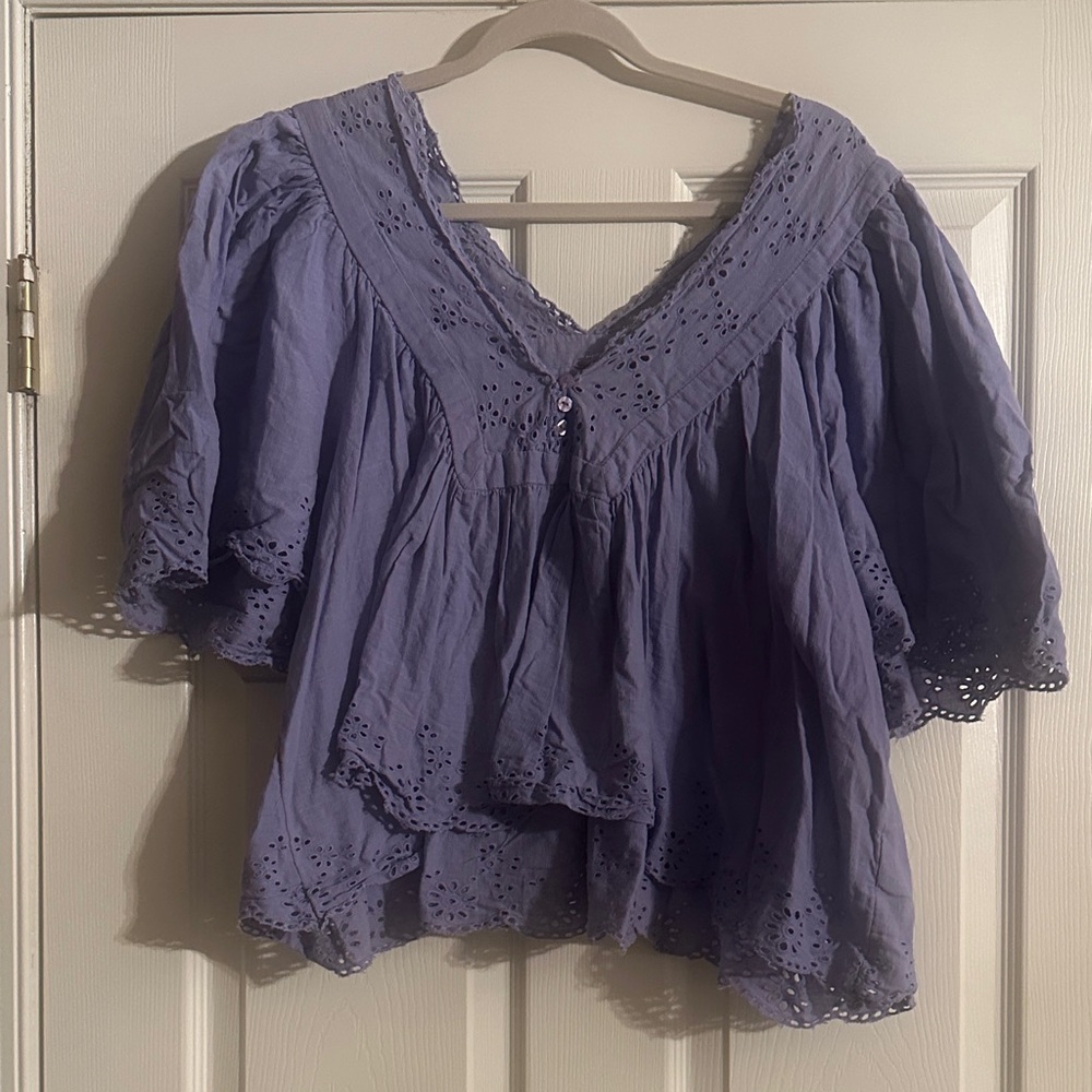Free People Lavender Eyelet V-Neck Blouse